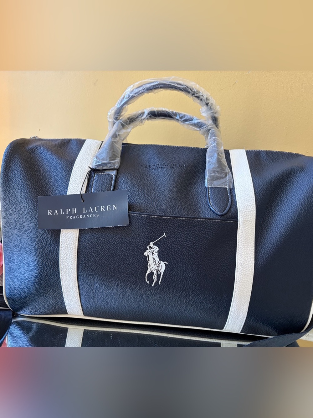 Ralph Lauren navy with white trim faux leather travel weekend duffel bag - Picture 5 of 11